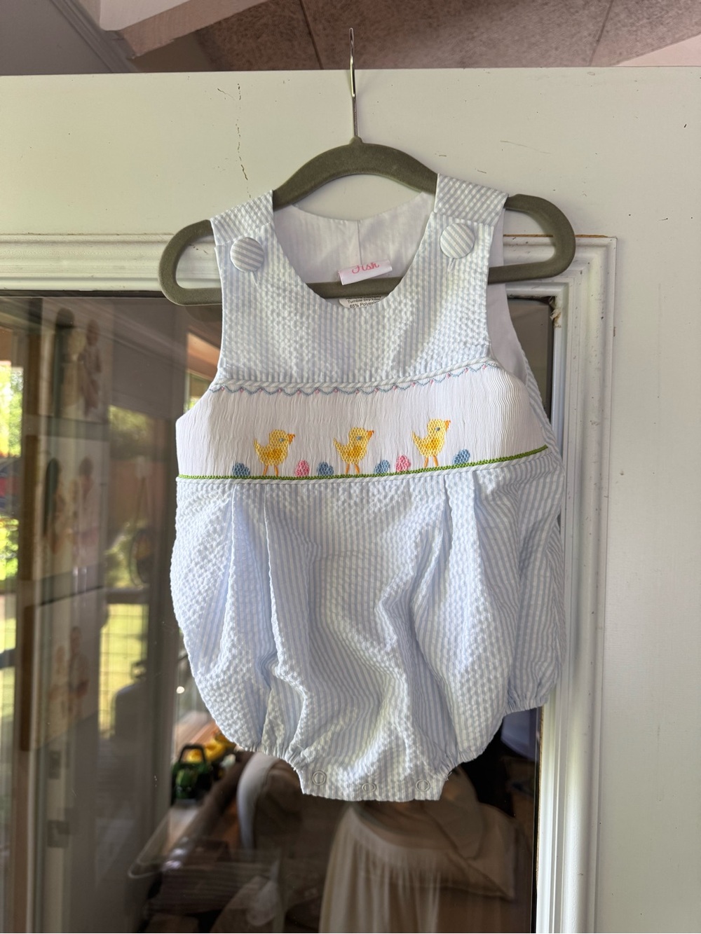Blue Striped Baby Bubble Romper with Chick Smocking